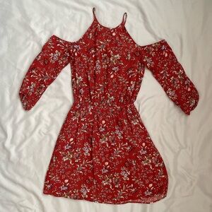 American Eagle Outfitters Red Floral Cold Shoulder Long Sleeve Bohemian Dress XS